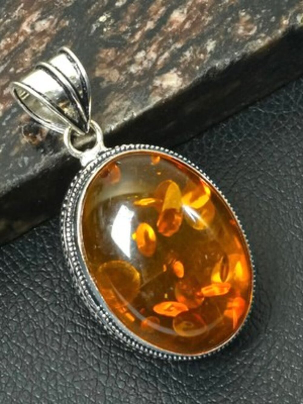 Amber Gemstone Sterling Silver Antique Design Pendant